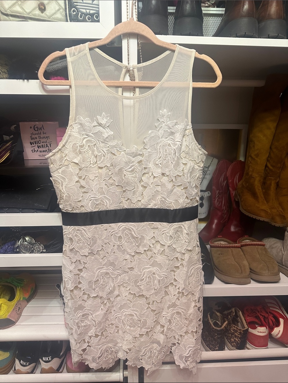 Just Me Ivory Lace Midi Dress with Black Waistband